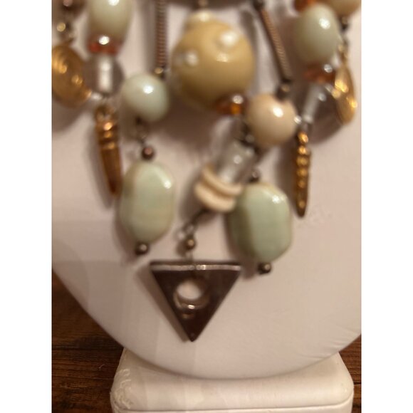 Boho Babe Chunky Bead Tassel Necklace Suede Cord & Tribal Vibe Gold Tone Pendant - Picture 5 of 14